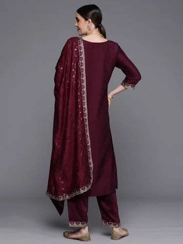 Indo Era Wine Embroidered Ethnic Straight Kurta Trouser With Dupatta