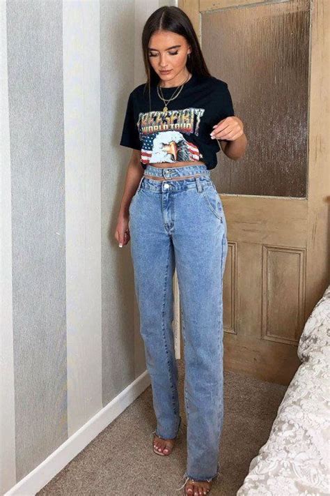 Blue Wash Denim Double Waist Mom Jeans Dawn Straight Leg Jeans