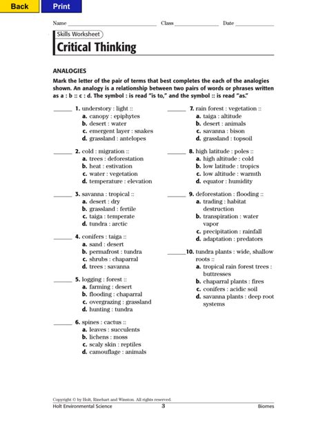 Skills Worksheet Critical Thinking Analogies Answer Key — Db