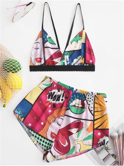 [27 Off] 2021 Zaful Color Block Printed Cami Crop Top And Shorts Set