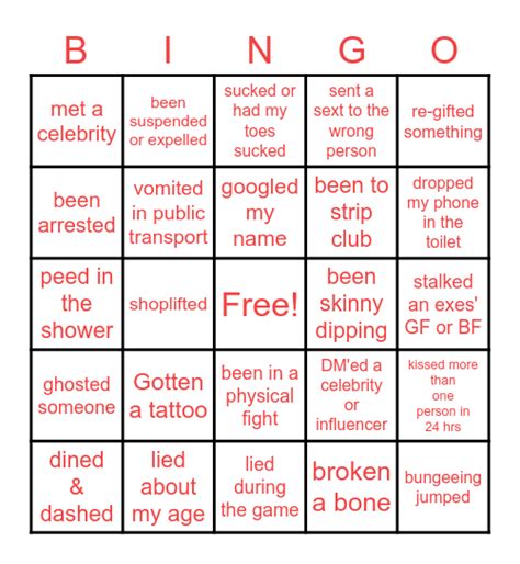 Never Have I Ever Bingo Card