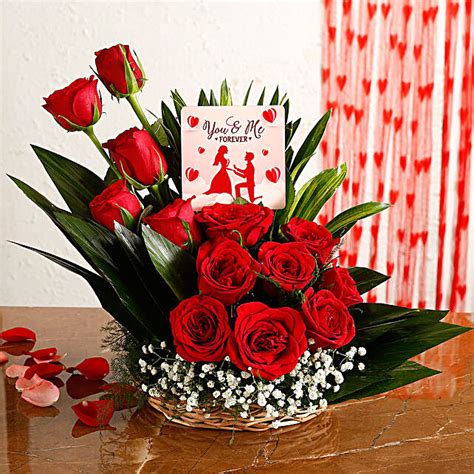 Buysend Red Roses Arrangement With You And Me Forever Table Top Online Fnp