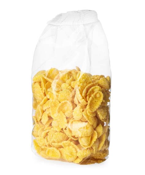 Transparent Plastic Pack Of Tasty Crispy Corn Flakes Isolated On White