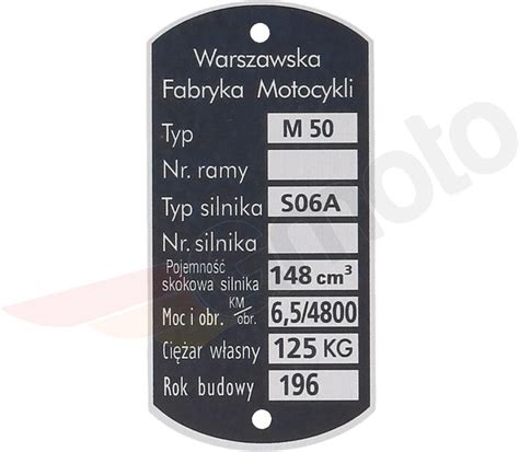 Części motocyklowe Venbo Tabliczka Znamionowa Wfm Osa M50 125Kg 416978