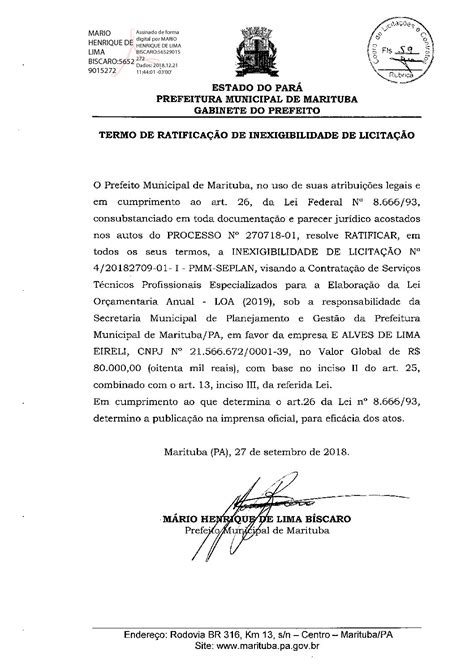 RATIFICAÇÃO DA AUTORIDADE COMPETENTE Prefeitura Municipal de Marituba