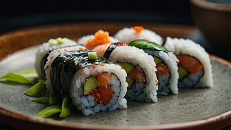 Premium Photo Sushi Rolls Served On A Traditional Japanese Ceramic Dish