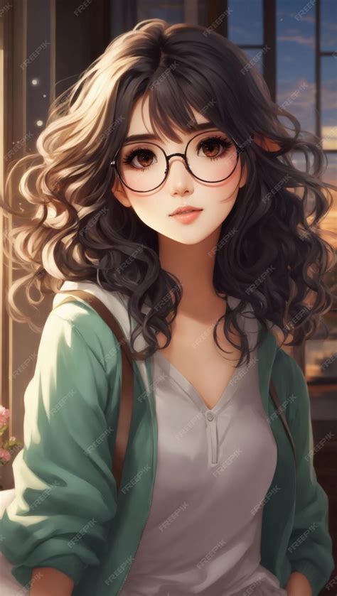 Beautiful Anime Girl With Glasses And Curly Hair Premium Ai Generated Image