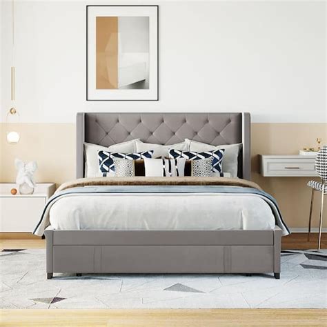 Anbazar Queen Size Velvet Upholstered Platform Bed With Modern Vertical