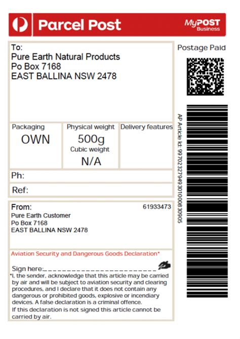 Bottle Return Shipping Label Australia Post Pure Earth