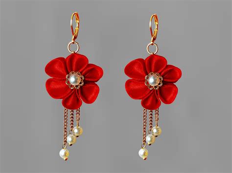 Red Flower Dangle Earrings Long Red Earrings Gift For Flower Etsy