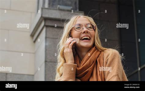 Happy Emotional Caucasian Smiling Laughing Girl Talking Mobile Phone