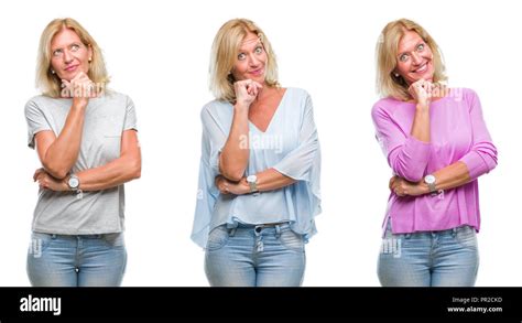 Collage Of Beautiful Middle Age Blonde Woman Over White Isolated Backgroud Looking Confident At