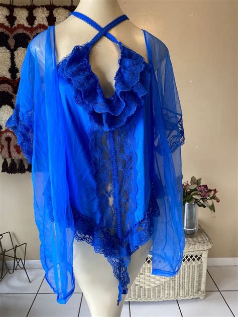 Vintage Blue Lace Lingerie Teddy And Cover Sheer Shor Gem