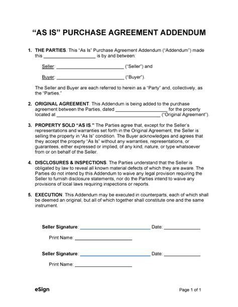 Free As Is Purchase Agreement Addendum PDF Word