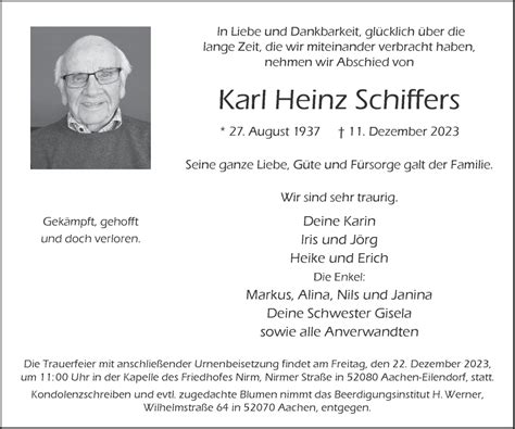 Traueranzeigen Von Karl Heinz Schiffers Aachen Gedenkt