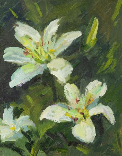 Premium Photo | Lilies oil painting Beautiful white lilies are blooming ...