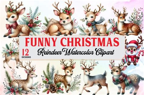 Funny Christmas Reindeer Clipart Bundle Graphic By Watercolor Design