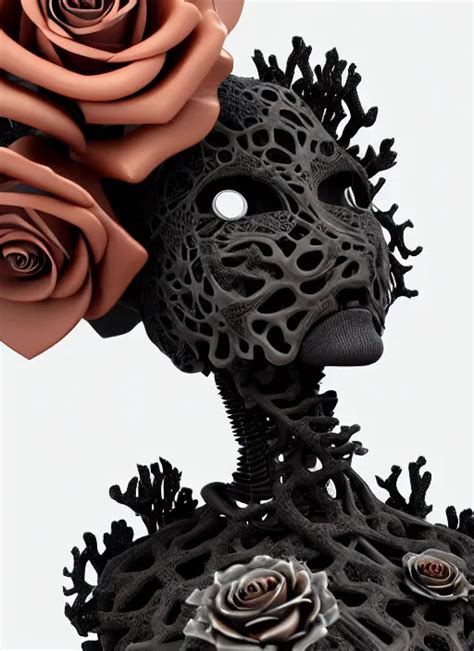 Biomechanical Black Statue Made Of Corals Daisies Stable Diffusion