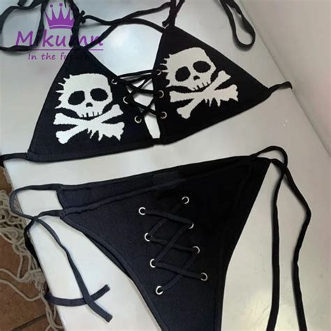 Gothic Punk Skull Print Sexy Bikini Suit Women Swimwear Y K Summer Lace Up Swimsuit Girl