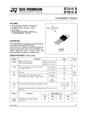 BTA16 600B Datasheet PDF STMicroelectronics