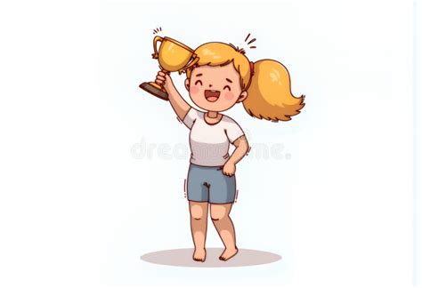 Cheerful Blonde Chibi Girl Character Celebrates Victory With Golden