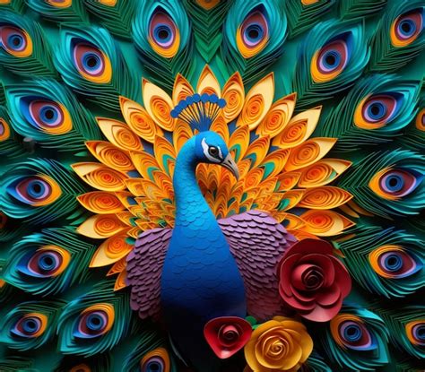 Premium Ai Image Brightly Colored Paper Art Of A Peacock With Its