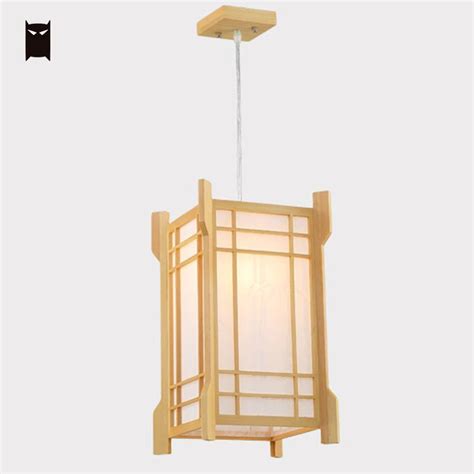 Oak Wood Small Square Pendant Light Fixture Hanging Ceiling Lamps