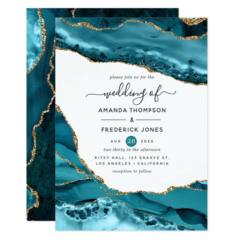 Teal And Gold Agate Wedding Invitation Zazzle Bruids Sieraden