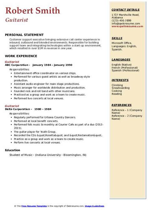 Guitarist Resume Samples Qwikresume