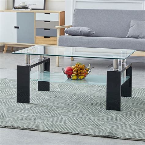 Clipop Top Center Coffee Table With Lower Shelf Modern 2 Tier Rectangle Tempered Glass Black