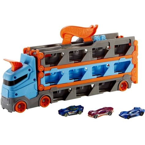 Hot Wheels City Wyścigowy transporter 2 w 1 Ciężarówka z torem rajdowym 3 samochodziki GVG37