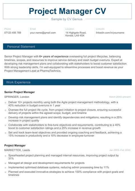 Project Manager Cv Examples Free Template And Tips