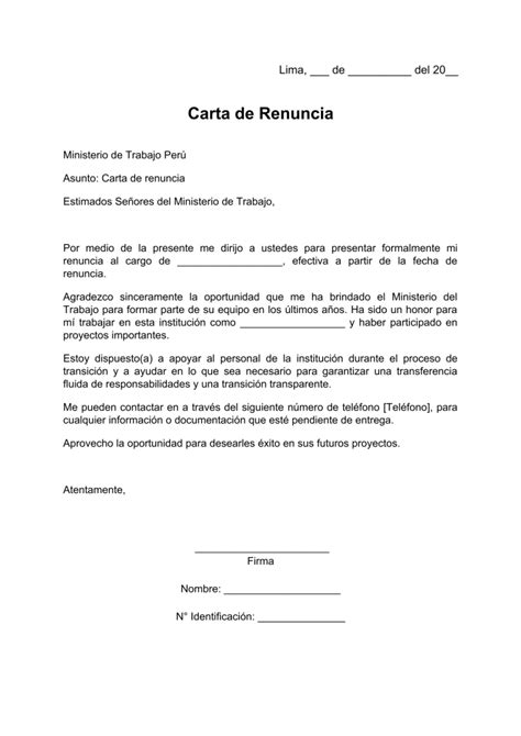 Carta De Renuncia Al Ministerio De Trabajo Per Ejemplos