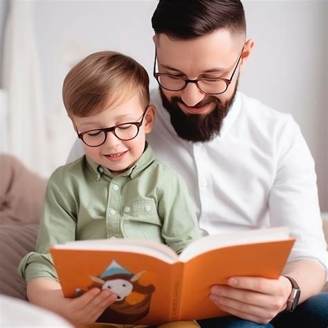 Pai e filho estão lendo um livro e sorrindo enquanto passam um tempo