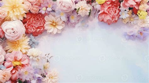 space for text on soft pastel background surrounded by colorful flowers ...