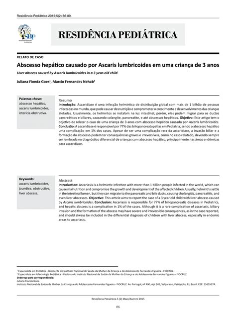 Pdf Abscesso Hep Tico Causado Por Ascaris Lumbricoides Em Uma Crian A