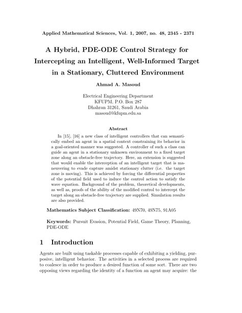 Pdf A Hybrid Pde Ode Control Strategy For Intercepting An