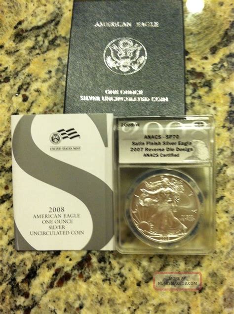 2008 W Silver Eagle Reverse Of 2007 U Satin Finish Anacs Sp70 Ms70