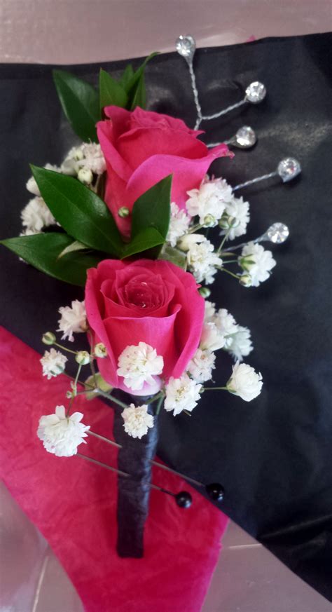 Cute Boutonniere With Two Hot Pink Spray Roses Babys Breath And A