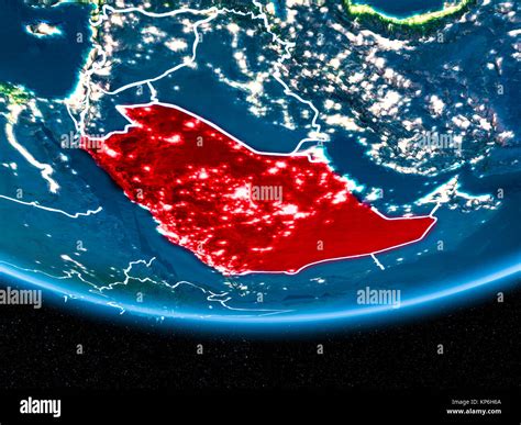 Saudi Arabia In Red With Visible Country Borders And City Lights From