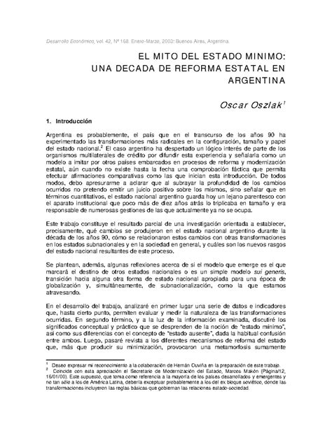 El Mito Del Estado Minimo Oszlak Desarrollo Econ Mico Vol N