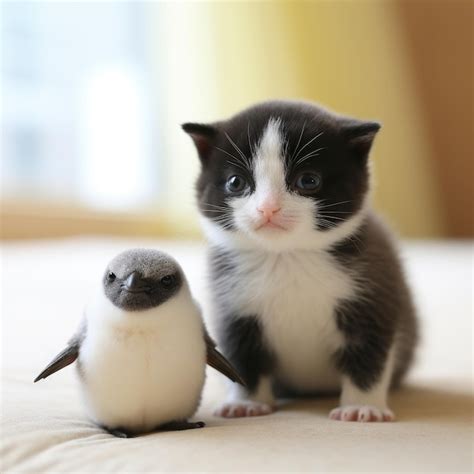 Retrato de un pequeño y lindo gato y pingüino Imagen Premium generada