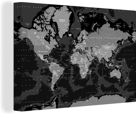 Canvas Wereldkaart X Wanddecoratie Wereldkaart Zwart Wit