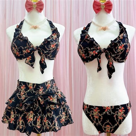Black X Red Roses Ruffle Floral Piece Bikini Set Swimwear From Japan Sets Lots Kei