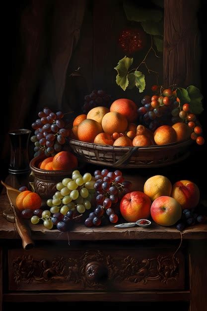 Premium AI Image | A painting of fruit and a basket of fruit