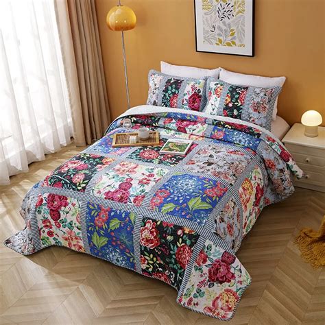 CHAUSUB Cotton Quilt Set Patchwork 3PCS Pastoral Quilted Bedspread On