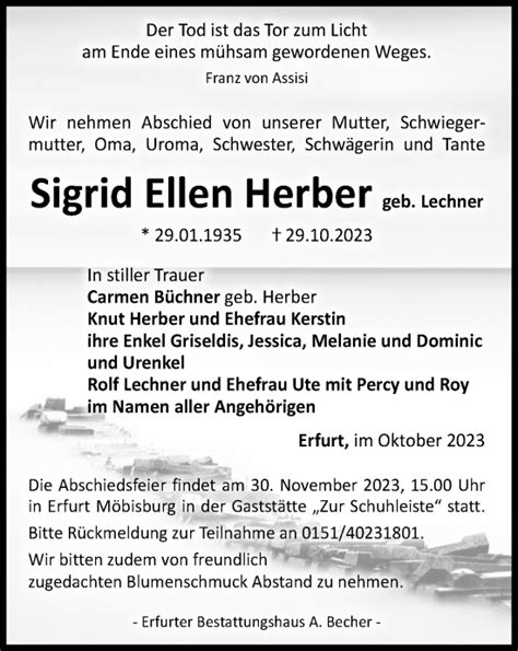 Traueranzeigen Von Sigrid Ellen Herber Trauer In Thueringen De