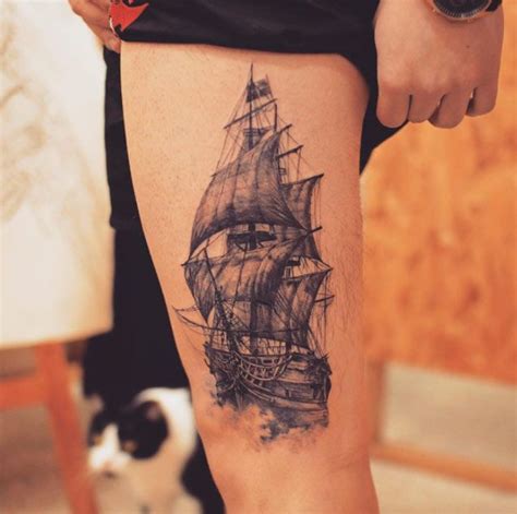 Detailed Ship Tattoo By Grain Leg Tattoos Tattoos And Piercings Body