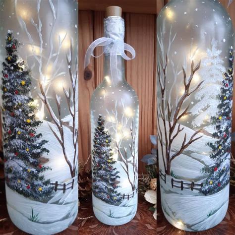 Light Up Hand Painted Upcycled Wine Bottle Winterchristmas Snowy