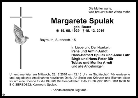 Traueranzeigen Von Margarete Spulak Nordbayerischer Kurier